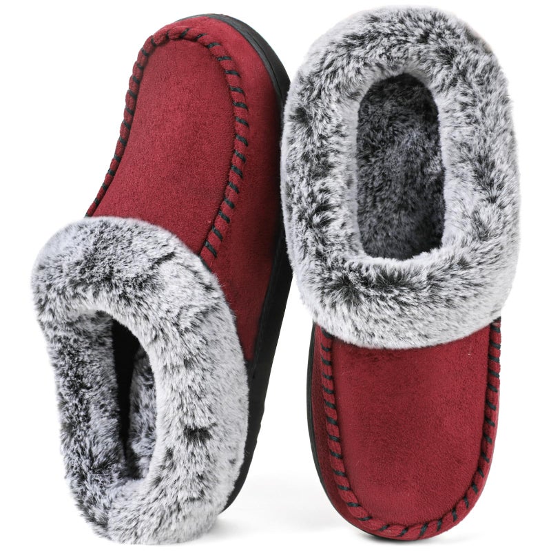 ULTRAIDEAS Women's Memory Foam House Slippers with Hard Bottom, Fur Lined House Shoes with Non-Slip Rubber Sole for Indoor & Outdoor (Moc Red, 9-10) - Image 1